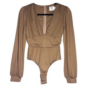 Princess Polly Women's Jude Shimmery Mocha Brown Bodysuit Party NYE Deep V Sz 4